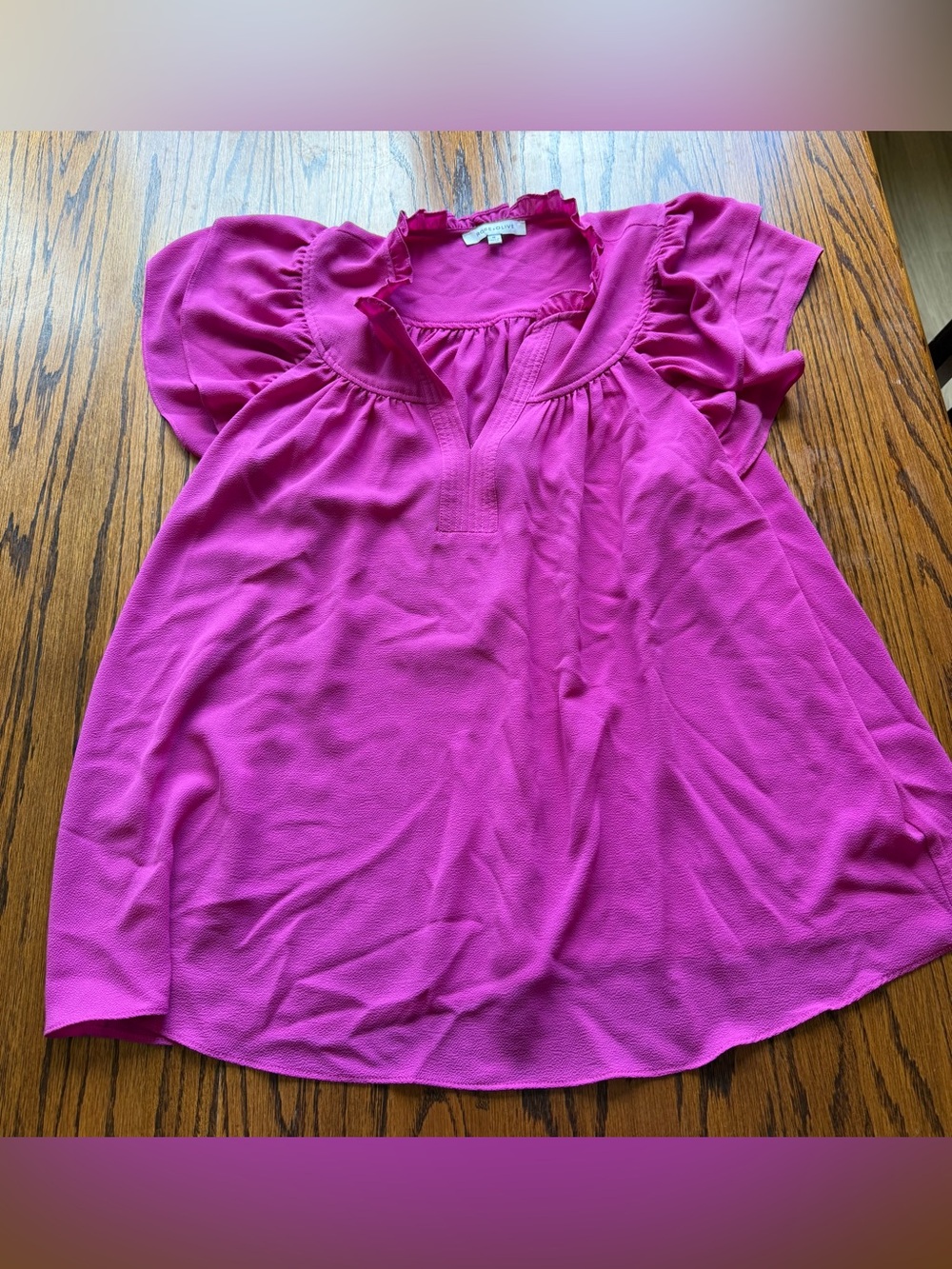 Rose & Olive Ruffled Neck Flutter Sleeve Top in Pink 1X